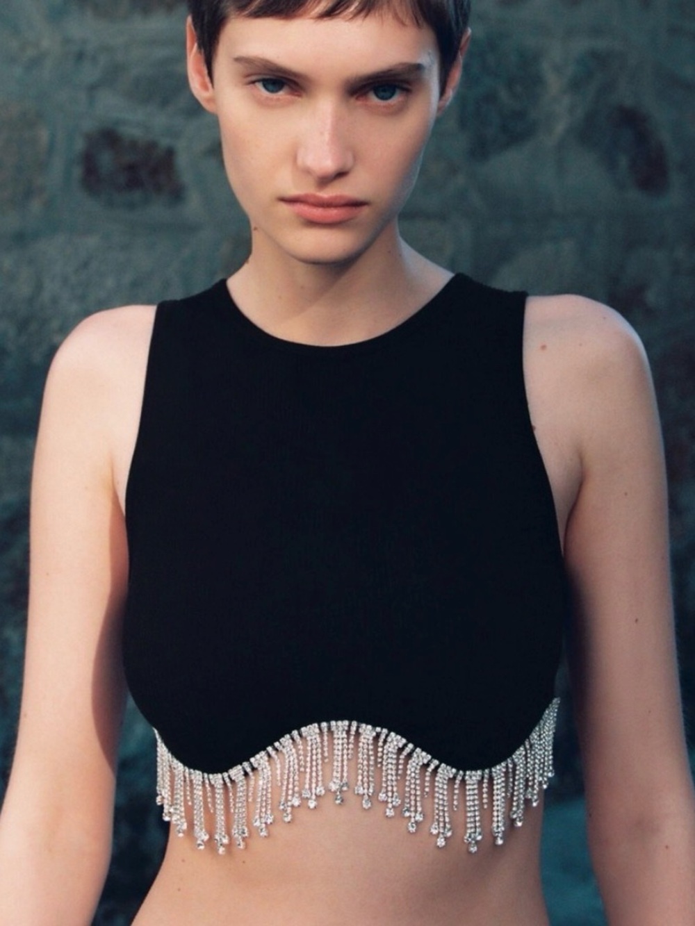 Zara Black Rhinestone Fringe Crop Top Y2K Going Out XS